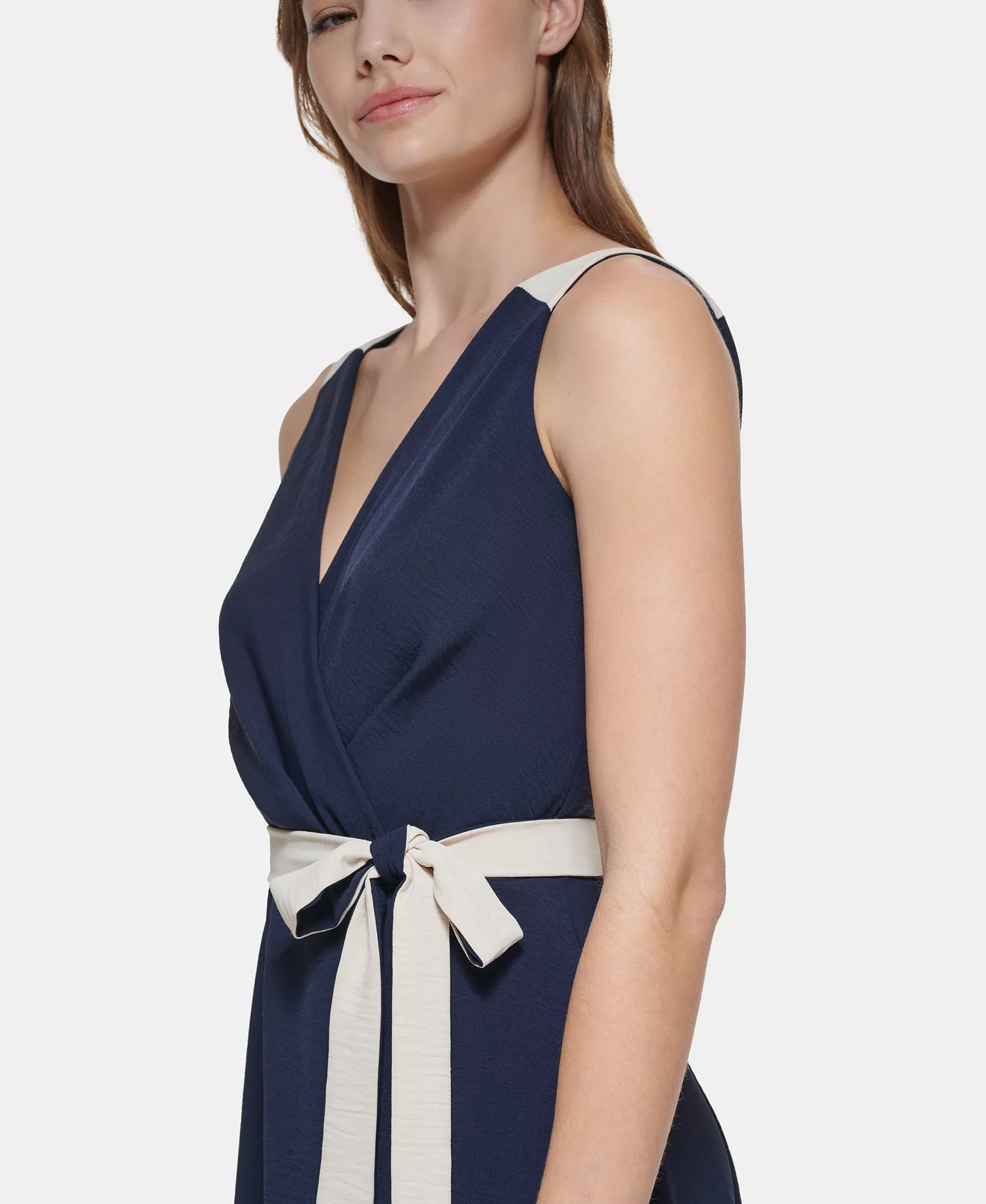 Women's Sleeveless Asymmetrical Midi Dress - Navy/Beige - 10