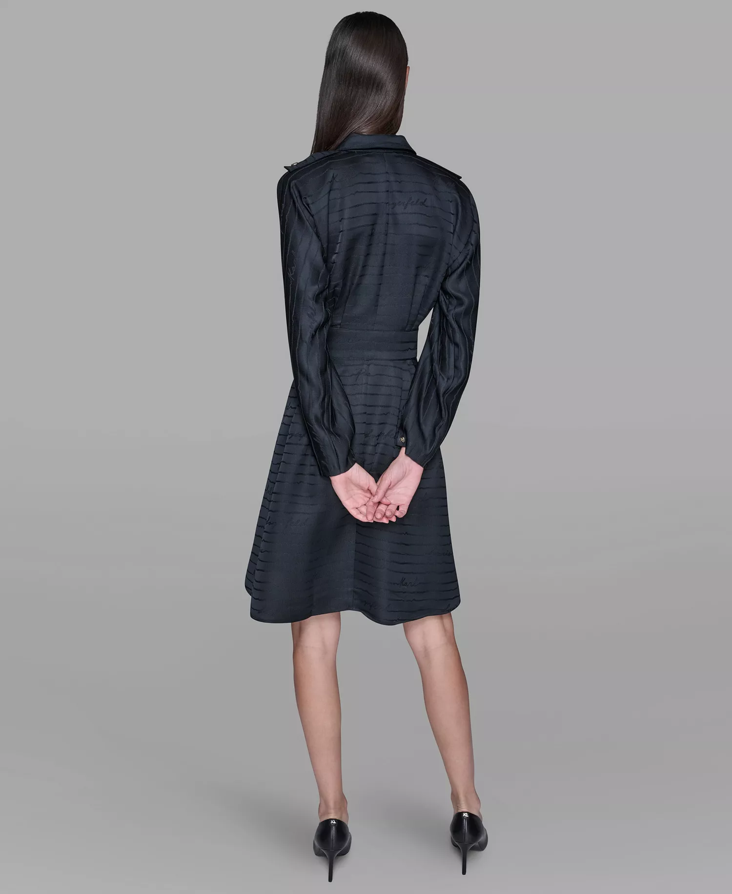 Women's Tonal Long-Sleeve Collared Jacquard Dress - Black - 10