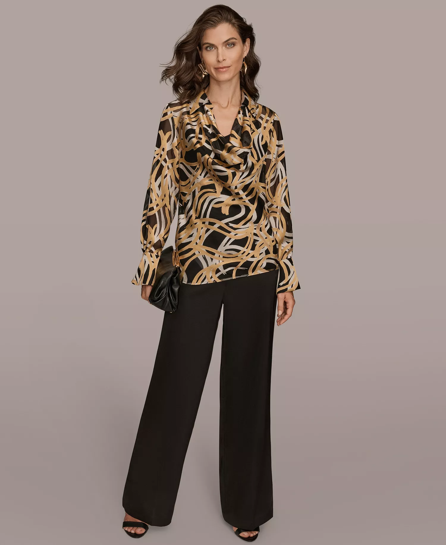 Women's Long Sleeve Burnout Cowl Neck Top, Regular & Petite - Black/gold - L