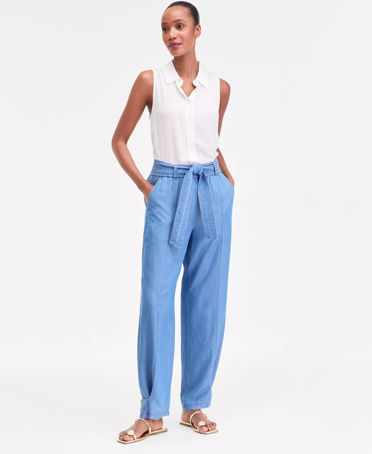 Women's Tie-Waist Chambray Pants, Macy's Exclusive - Medium Indigo - L