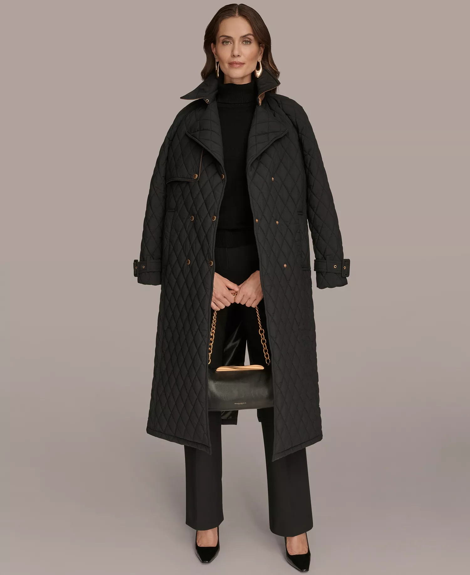 Women's Belted Maxi Quilted Coat - Black - M