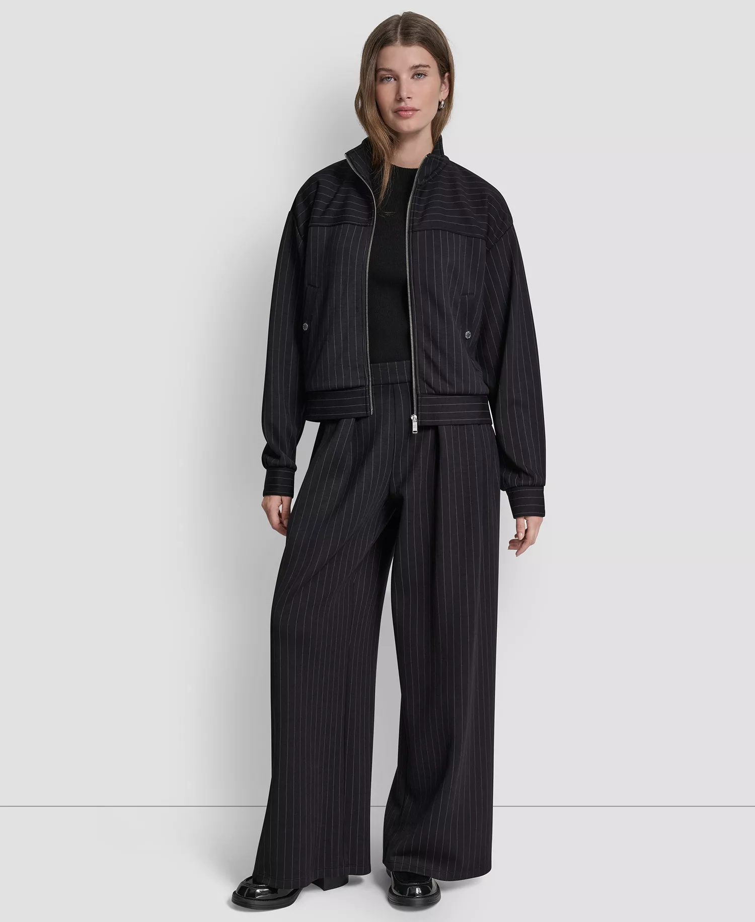 Women's Full-Zip Pinstripe Track Jacket and Straight-Leg Pleated Pinstripe Pants - Black Pinstripe - L