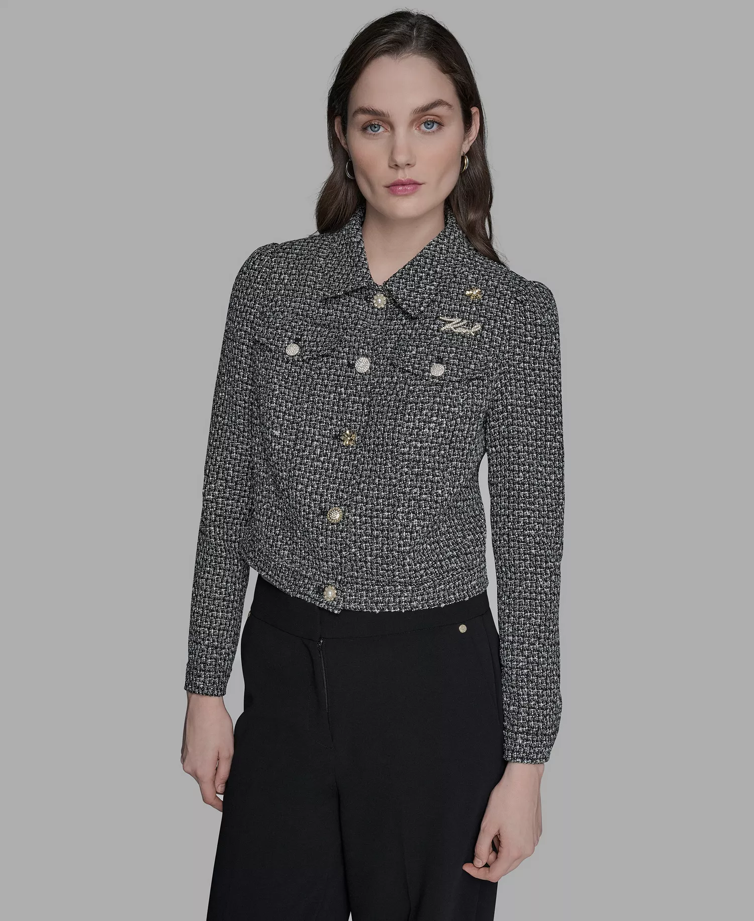 Women's Collared Button Front Tweed Jacket - Black/soft White - 14