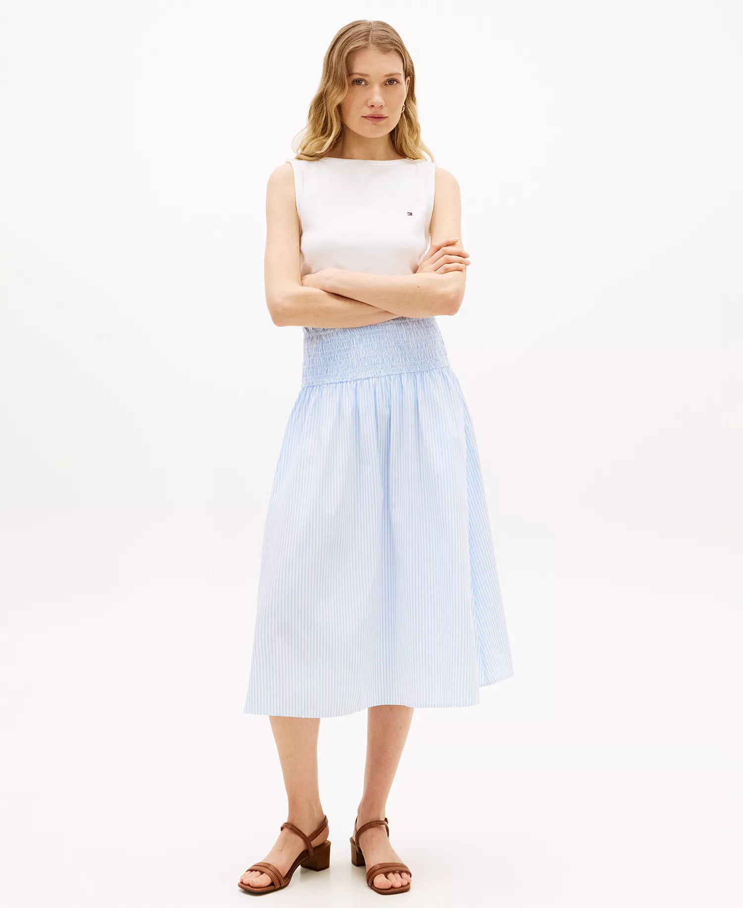 Women's Smocked Pull-On Midi Skirt - Blue - L