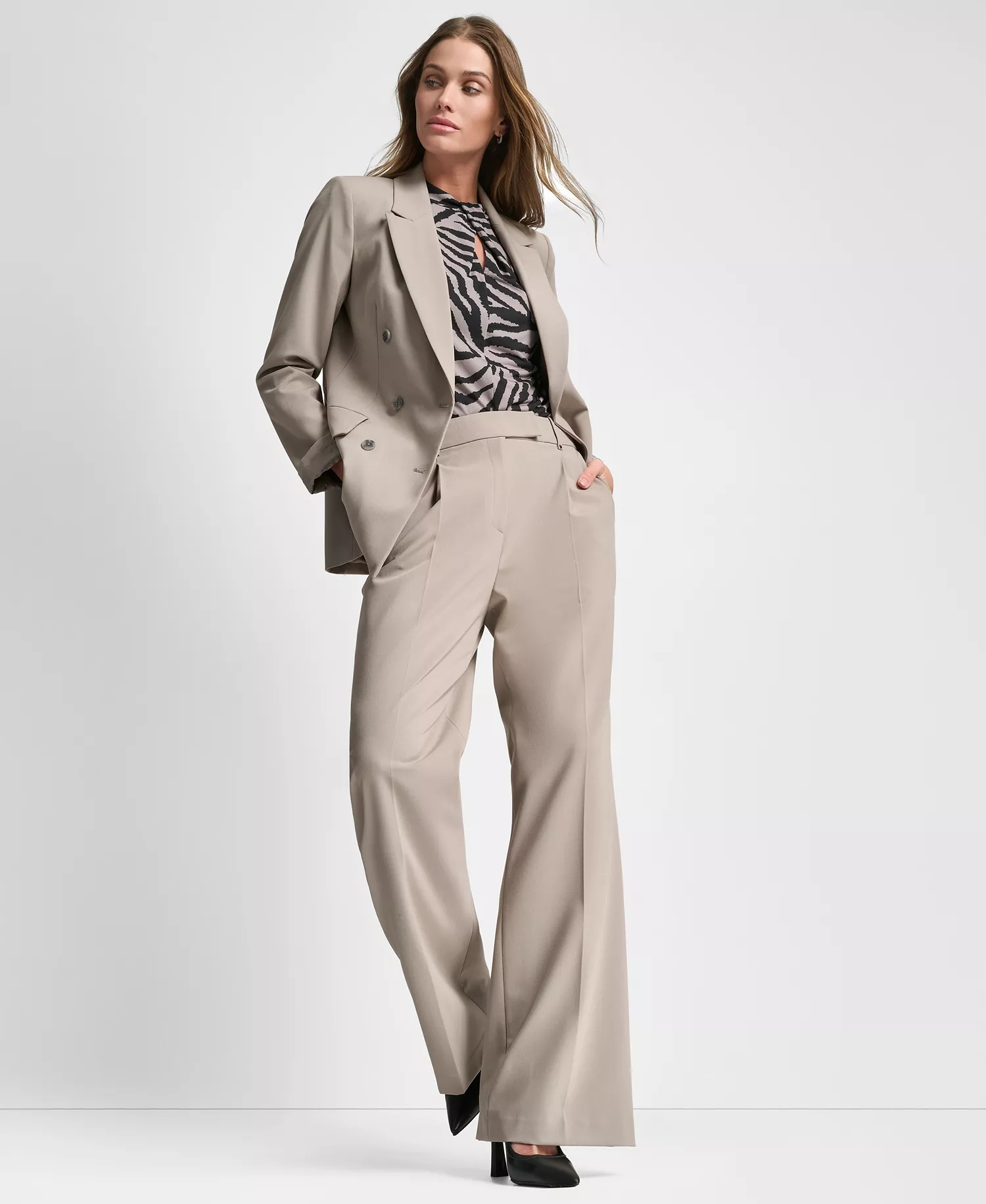 Women's Three-Button Double Breasted Blazer - Tan - 0