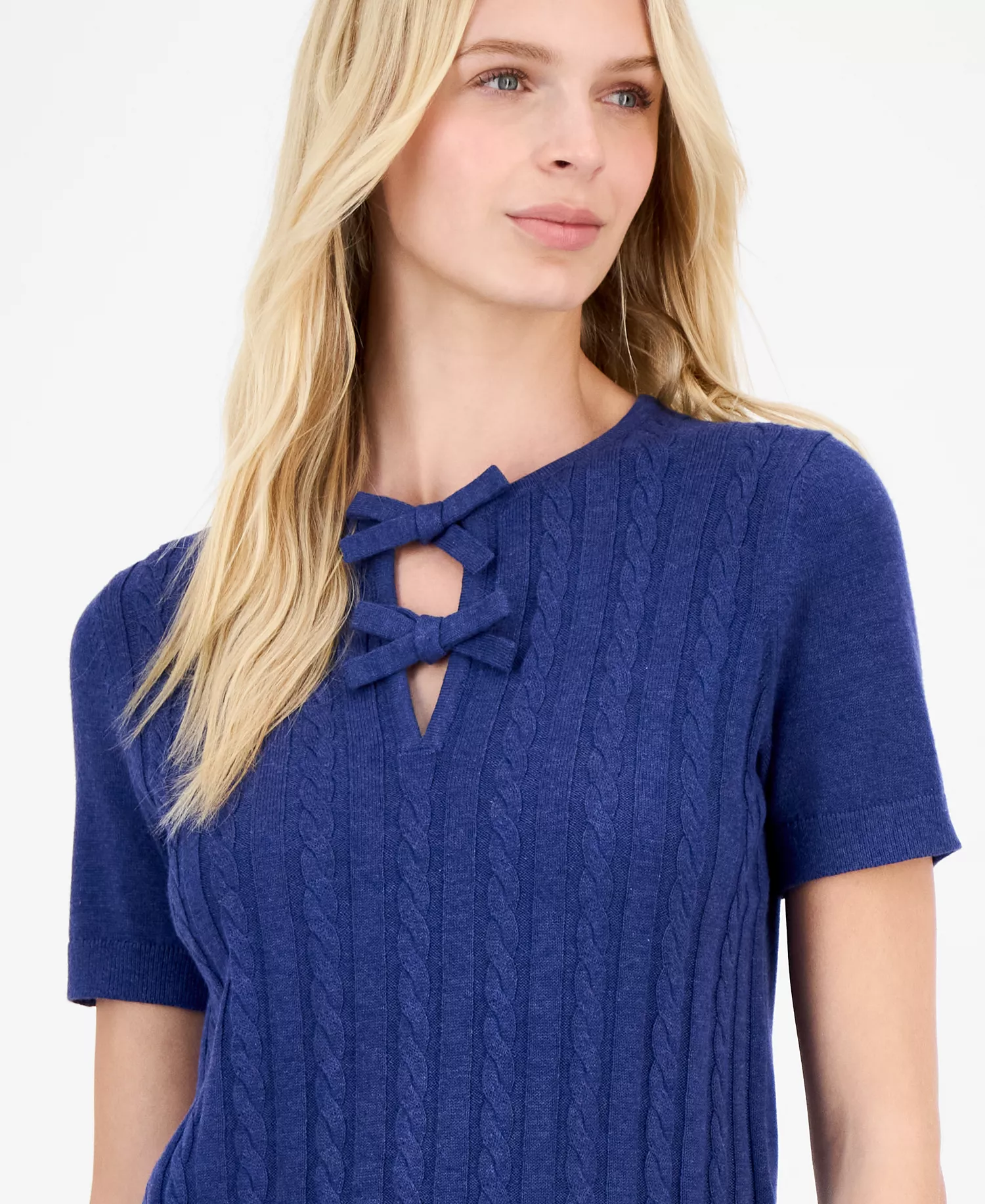 Nautica Women's Bow Cable-Knit Short-Sleeve Sweater - Denim Heather - L