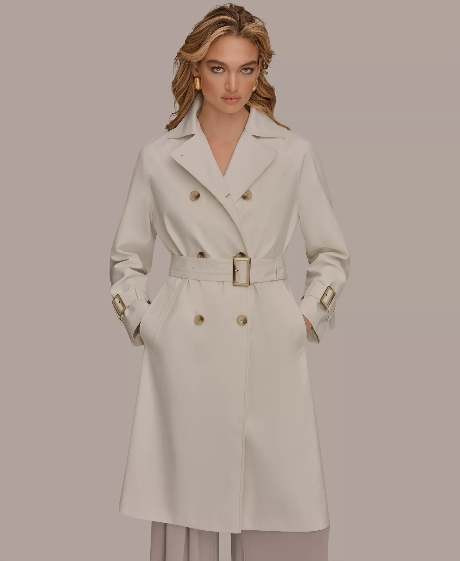 Women's Double Breasted Belted Notch Collar Trench Coat - Cream - L