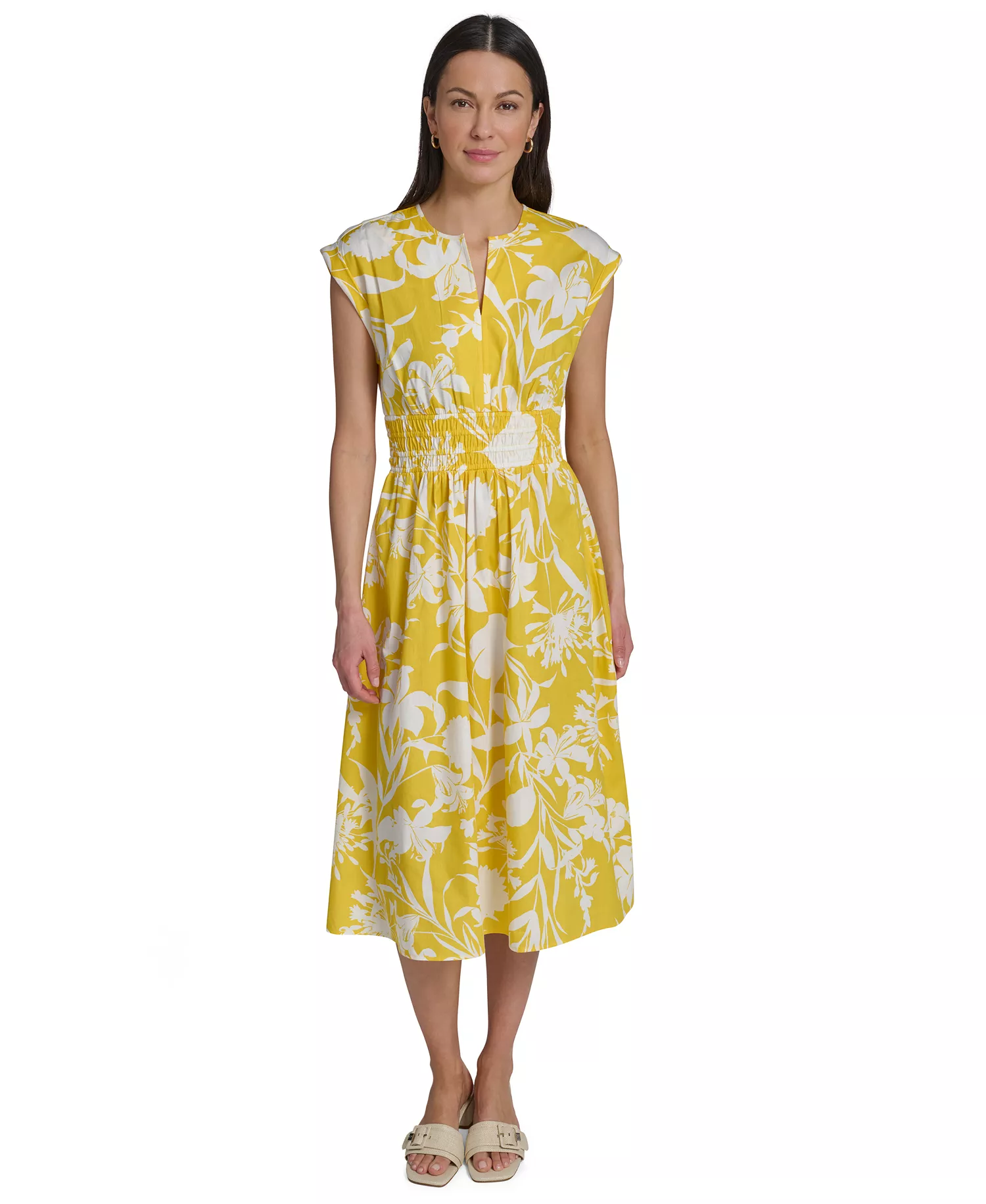 Women's Floral Smocked A-Line Midi Dress - DAFFODIL/CREAM - 10
