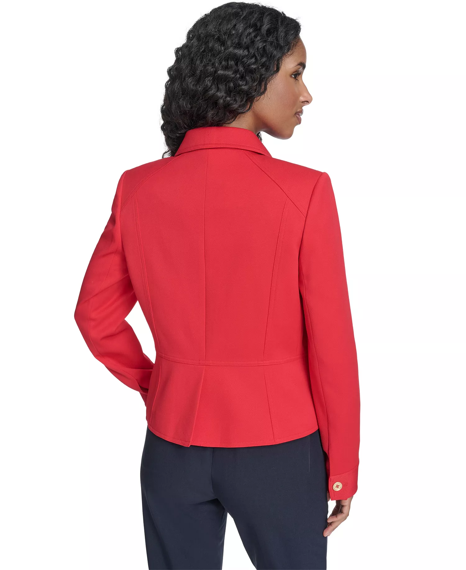 Women's Military Style Button Front Twill Jacket, Sailor Pants and Striped Popover Blouse - Scarlet - 0