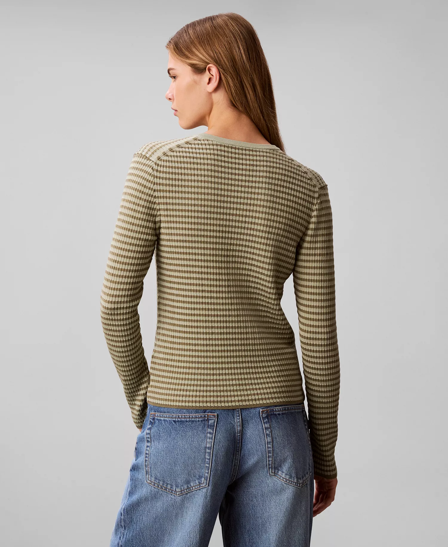 Women's Striped Long-Sleeve Sweater - Deep Lichen Green - L