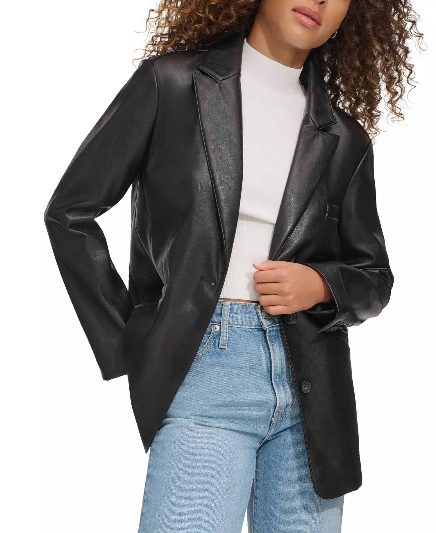 Women's Single-Breasted Faux-Leather Blazer - Black - L