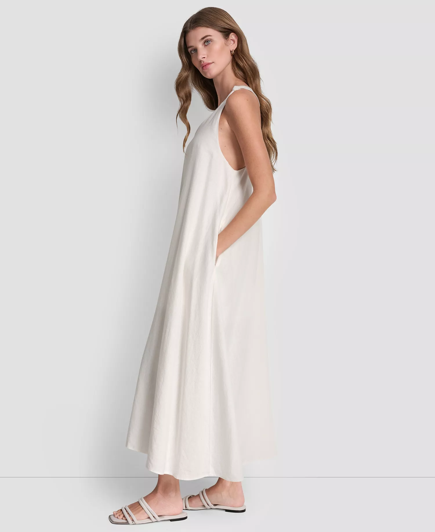 Women's Linen-Blend Knotted Strap V-Neck A-Line Dress - Ivory - L