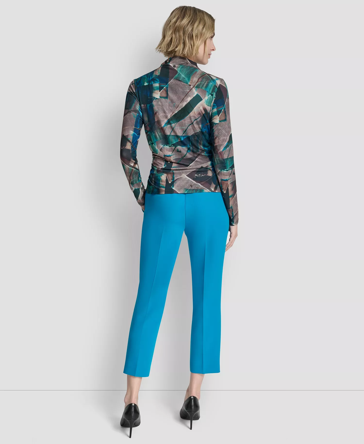 Women's Mock Neck Long Sleeve Top - City Taupe/ocean Blue Multi - L