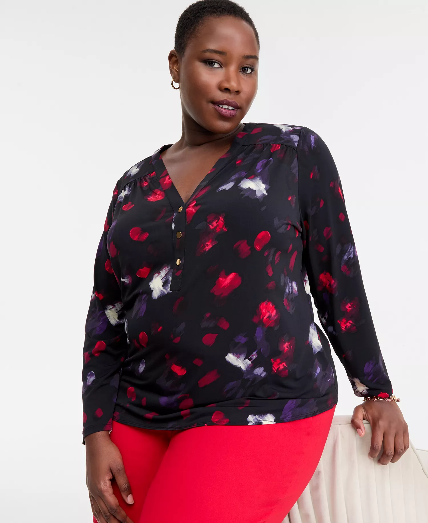 Plus Size V-Neck Long-Sleeve Top, Macy's Exclusive  - Ava Blooms - 0X