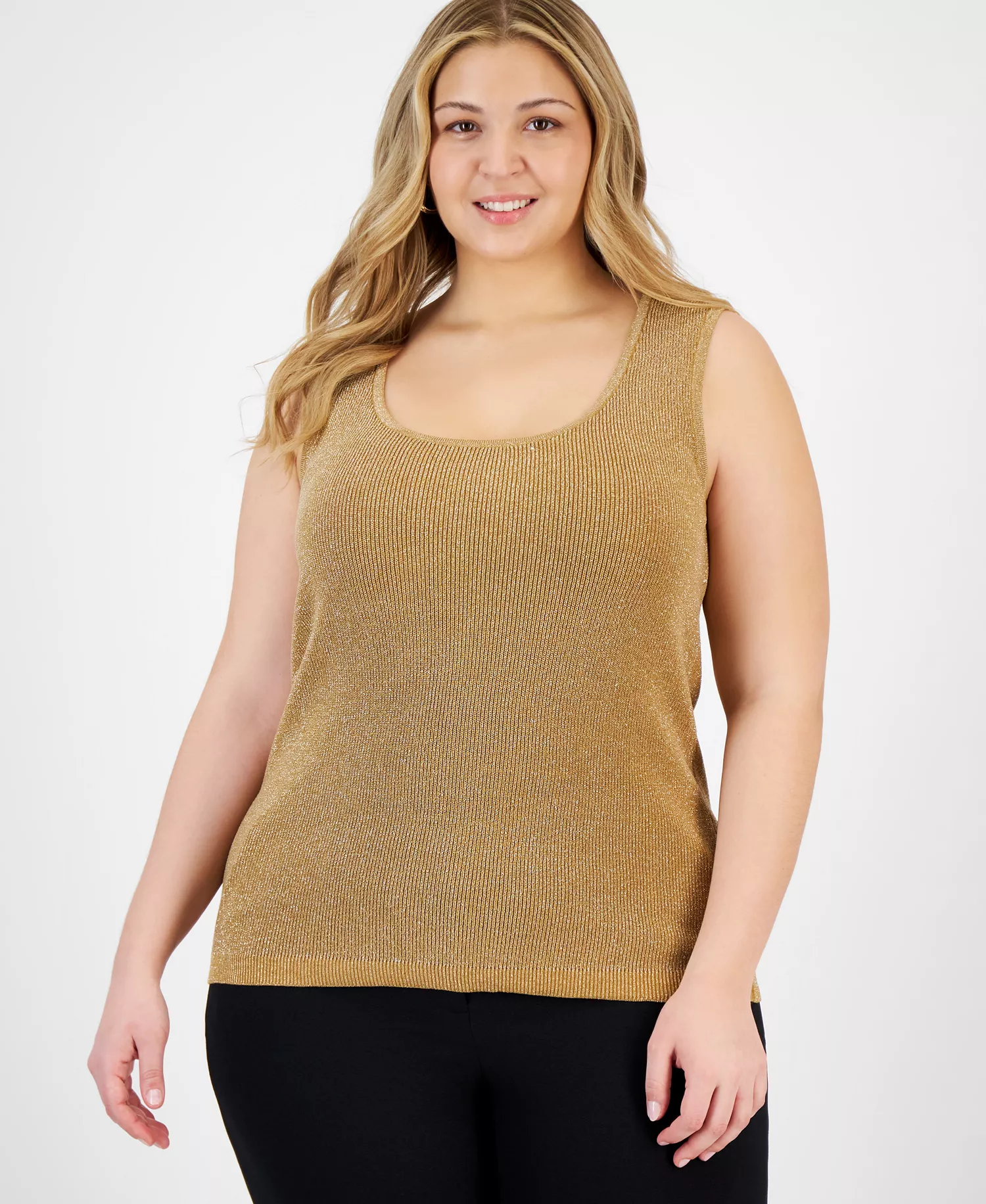 Plus Size Metallic Rib-Knit Scoop-Neck Tank  - Camel/Gold Multi - 1X