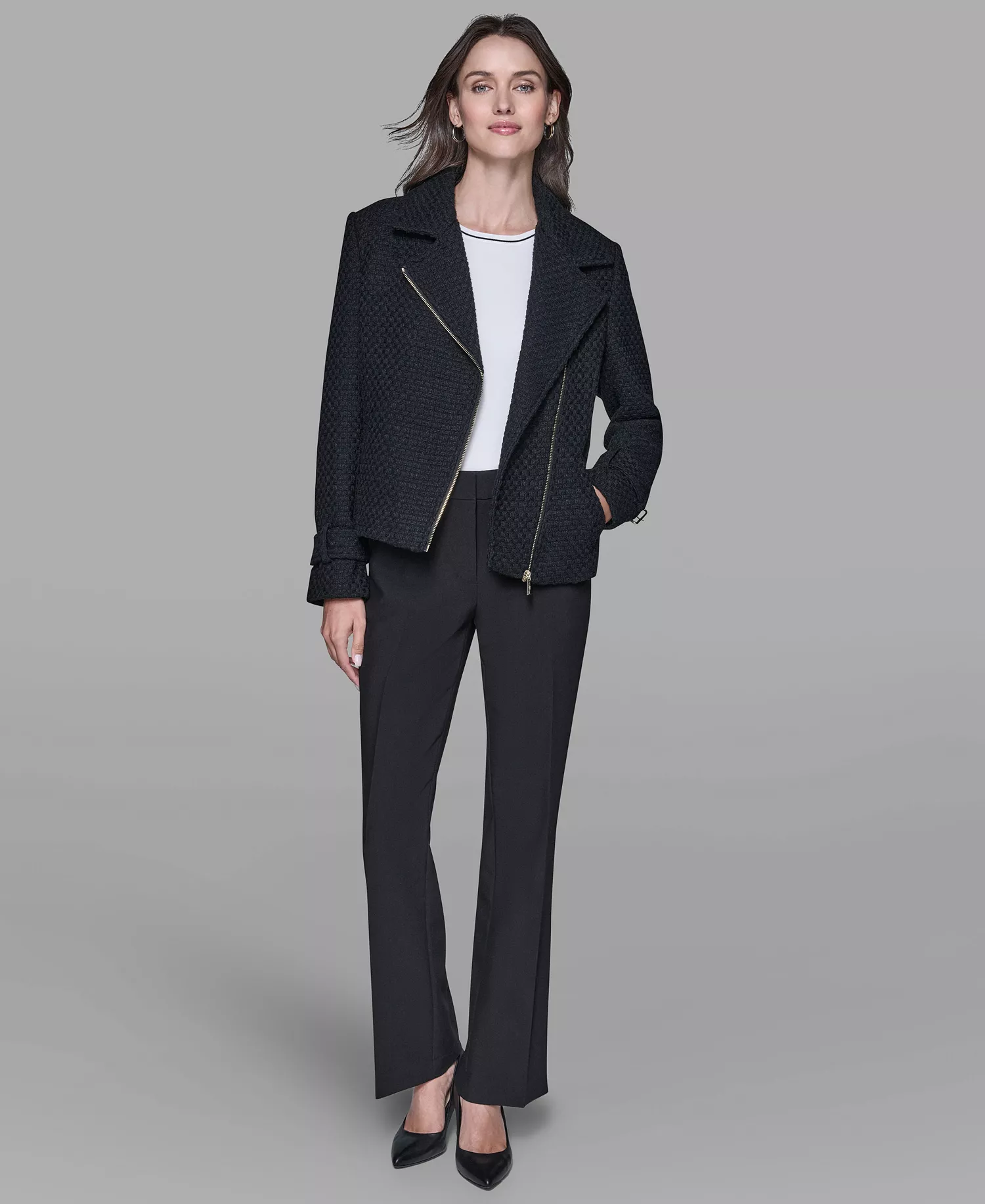 Women's Exposed Zipper Tweed Moto Jacket - Black - L