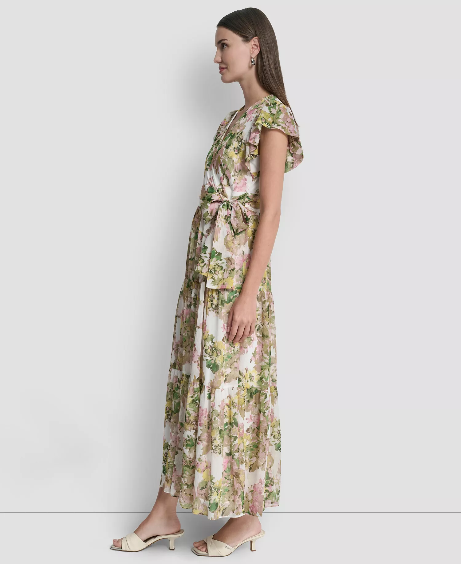 Women's V-Neck Tiered Long Dress - Ivory Multi - 10