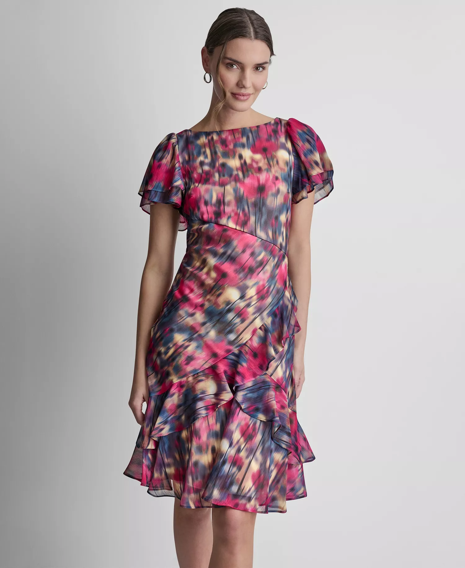 Petite Flutter-Sleeve Jewel Neck Dress - Lightt City Khaki Multi - 0P