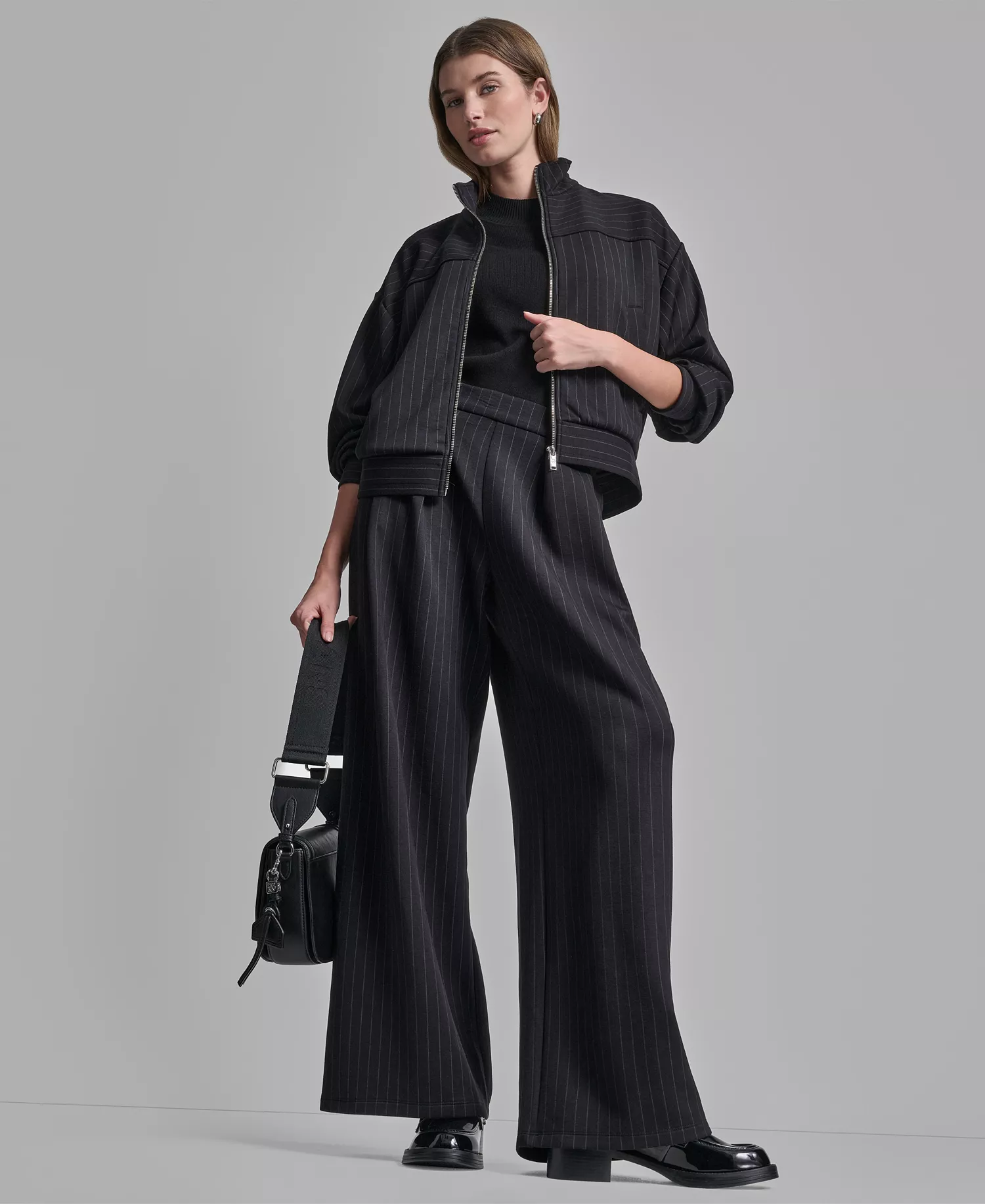 Women's Full-Zip Pinstripe Track Jacket and Straight-Leg Pleated Pinstripe Pants - Black Pinstripe - L