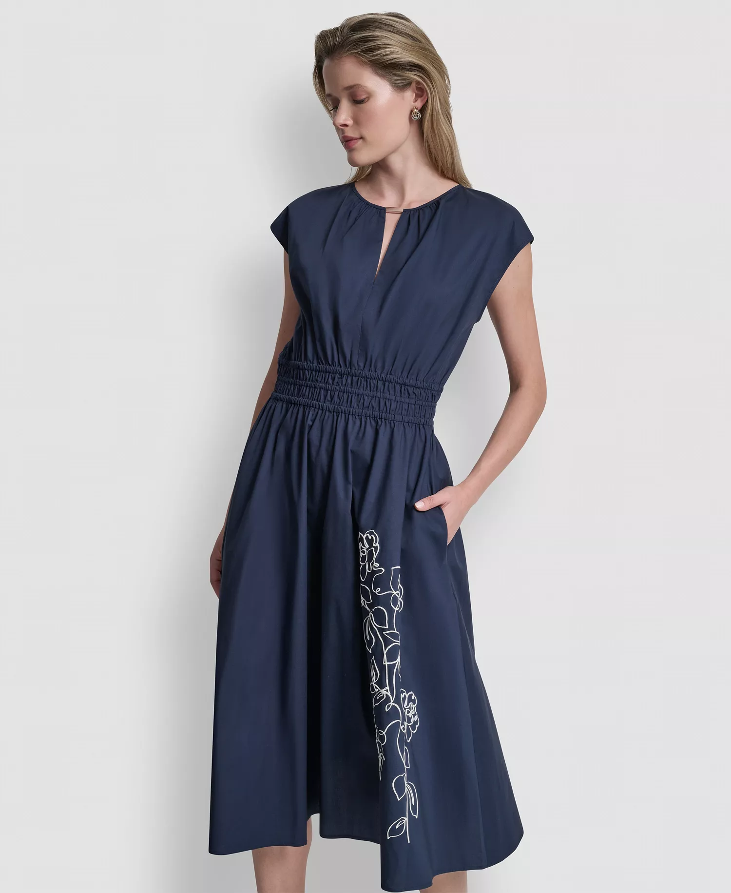Women's Cap-Sleeve Jewel Neck Keyhole Midi Dress - Indigo - 10