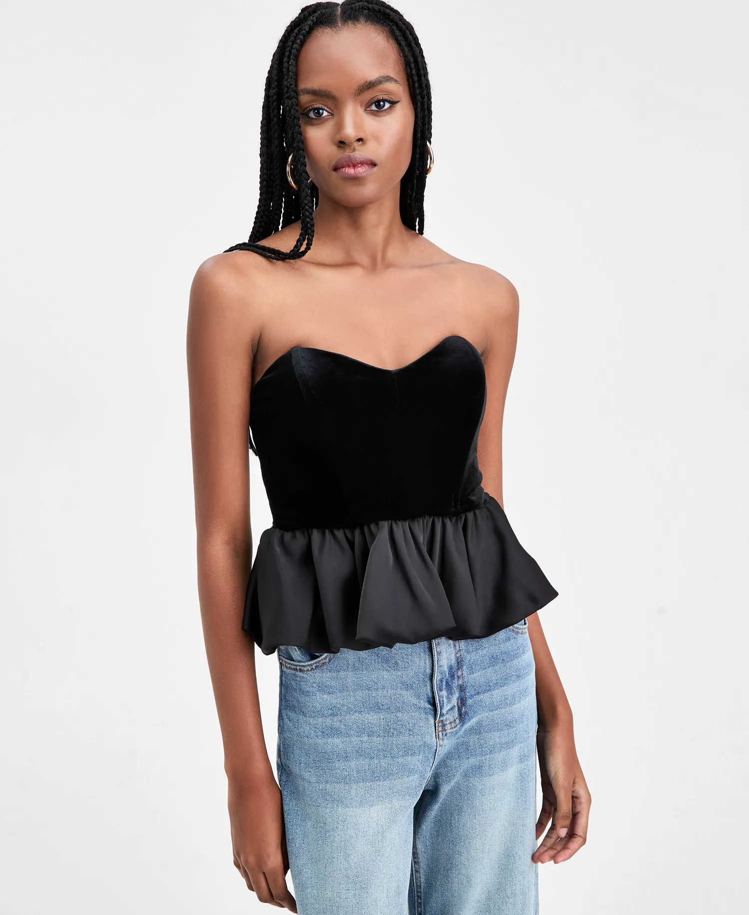 Women's Velvet Peplum Corset Strapless Top, Macy's Exclusive  - Deep Black - L