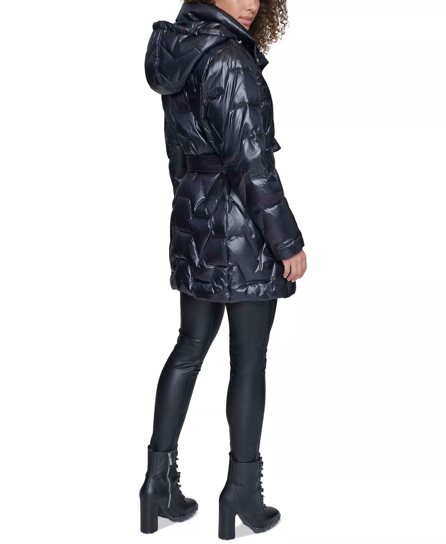 Women's Tie-Waist Hooded Puffer Coat - Black - L