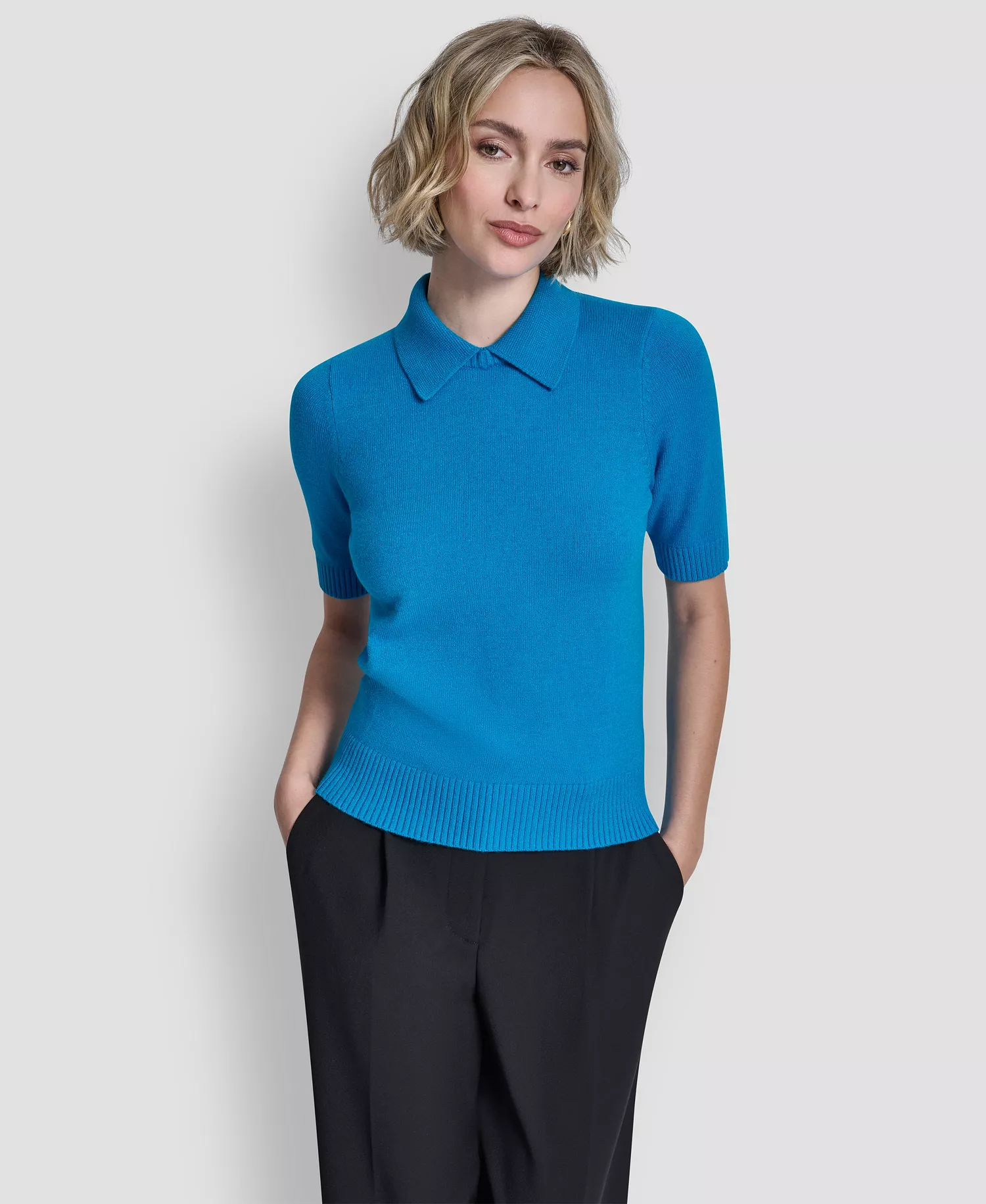 Women's Short-Sleeve Collared Sweater - Ocean Blue - L