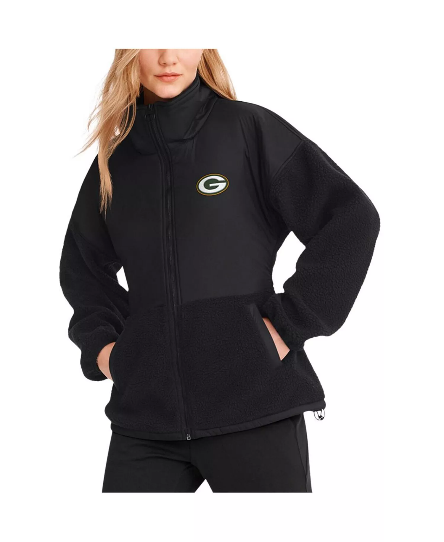 DKNY Women's Black Green Bay Packers Drew Mixed Media Full-Zip Jacket - Black - L