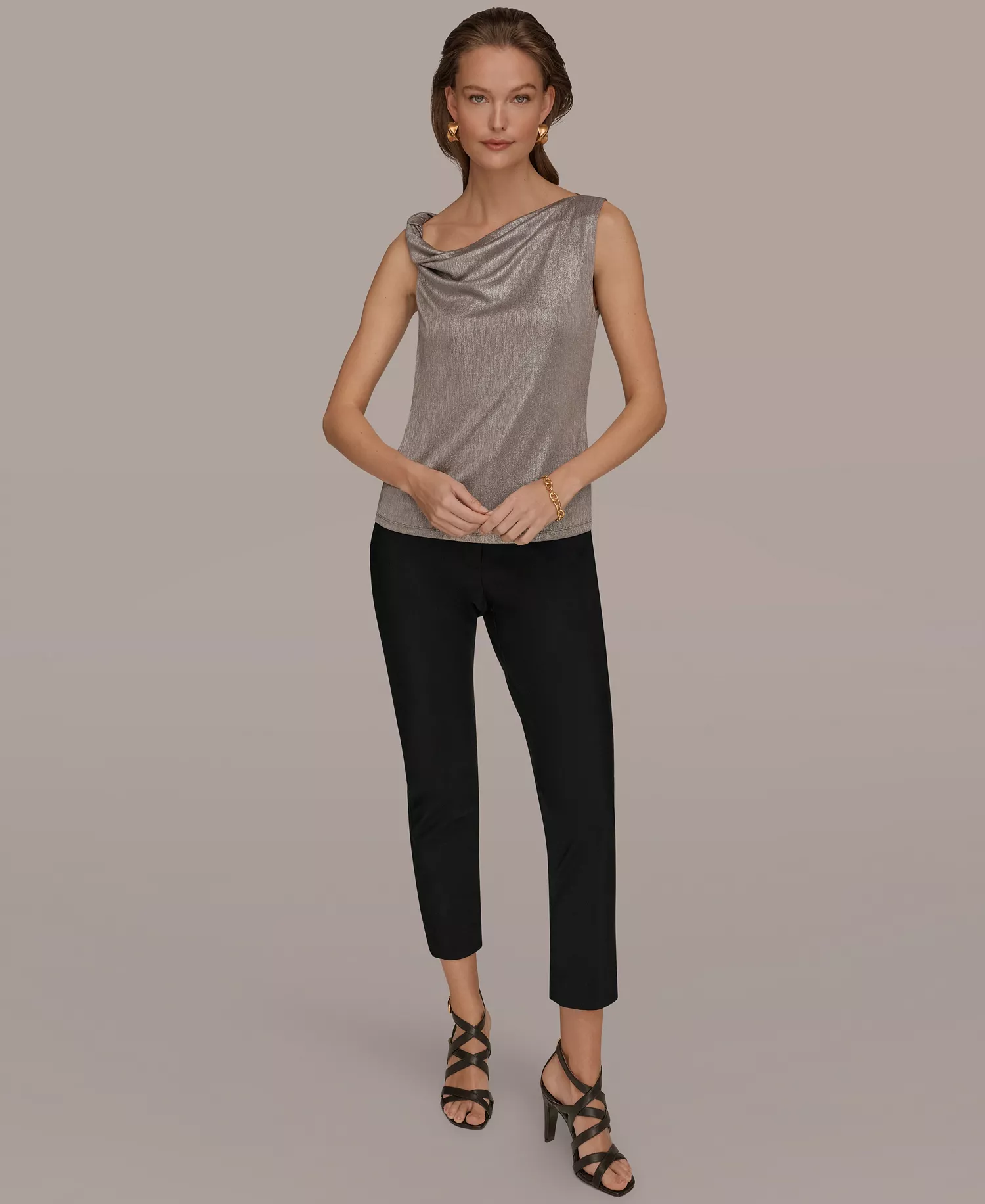 Women’s Foil Asymmetric Neck Top - Tuscan Grey/Silver Foil - L
