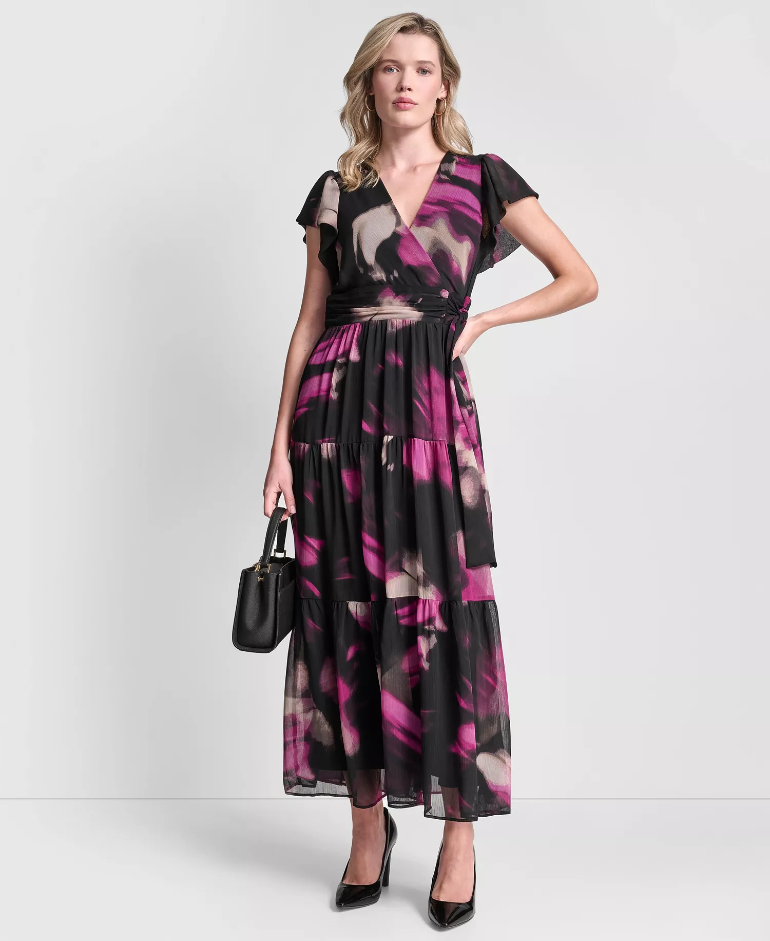 Women's Ruffle Cap Sleeve Surplice Neck Maxi Dress - Black Multi - 10