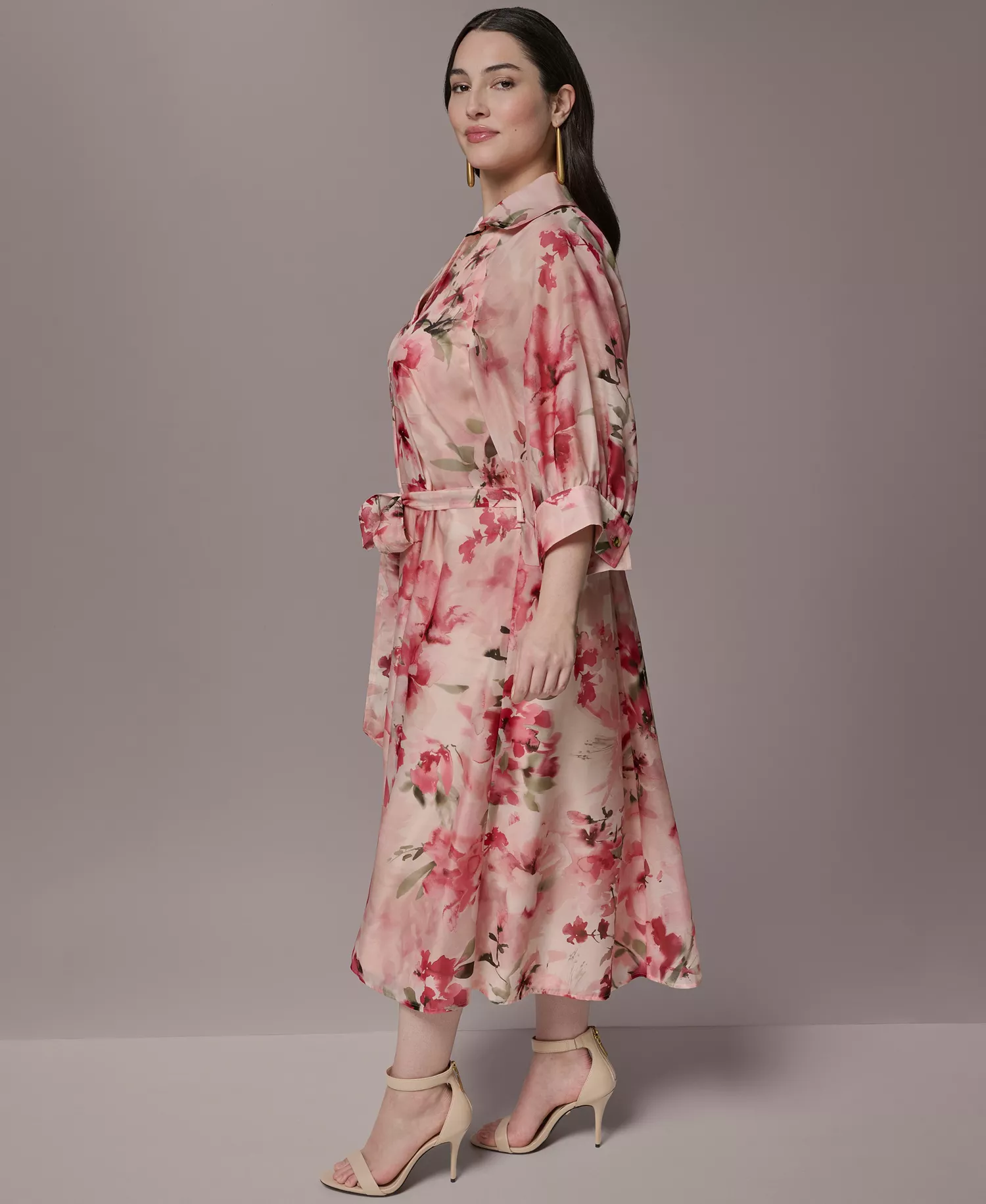 Plus Size Short-Sleeve Organza Shirt Dress - Geranium Multi - 14W