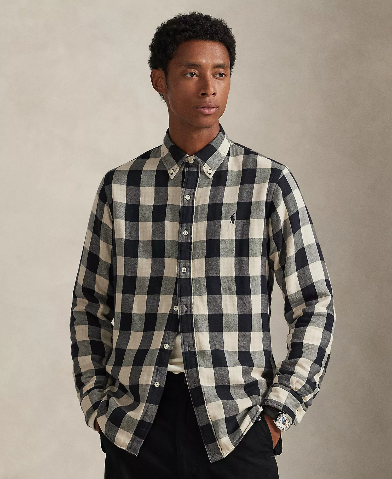 Men's Long-Sleeve Classic Fit Shirt - White/Black - M