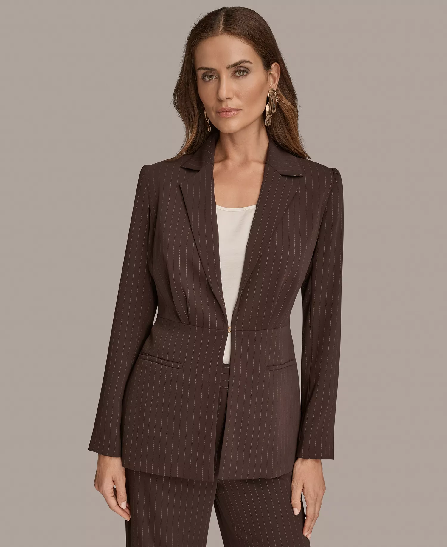 Women's Notch Lapel Collar Pinstripe Tie-Waist Jacket - Chocolate Plum/Nolita - 12