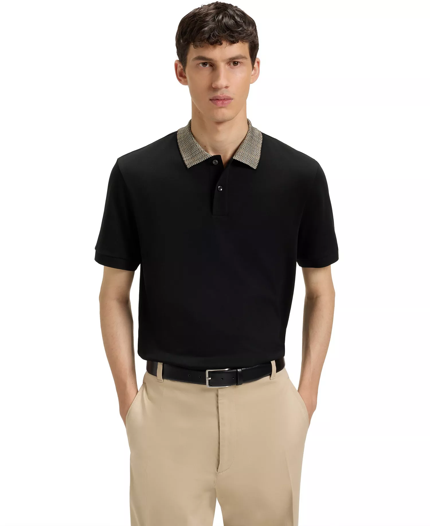 Men's Patterned Collar Pima-Cotton Polo Shirt - Black - L