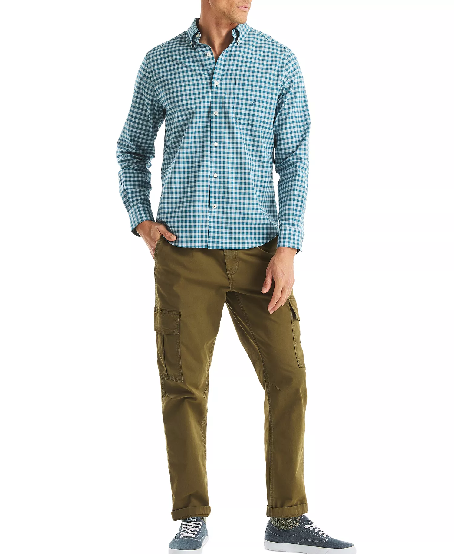Men's Long Sleeve Check Button-Down Shirt - Blue Coral - M