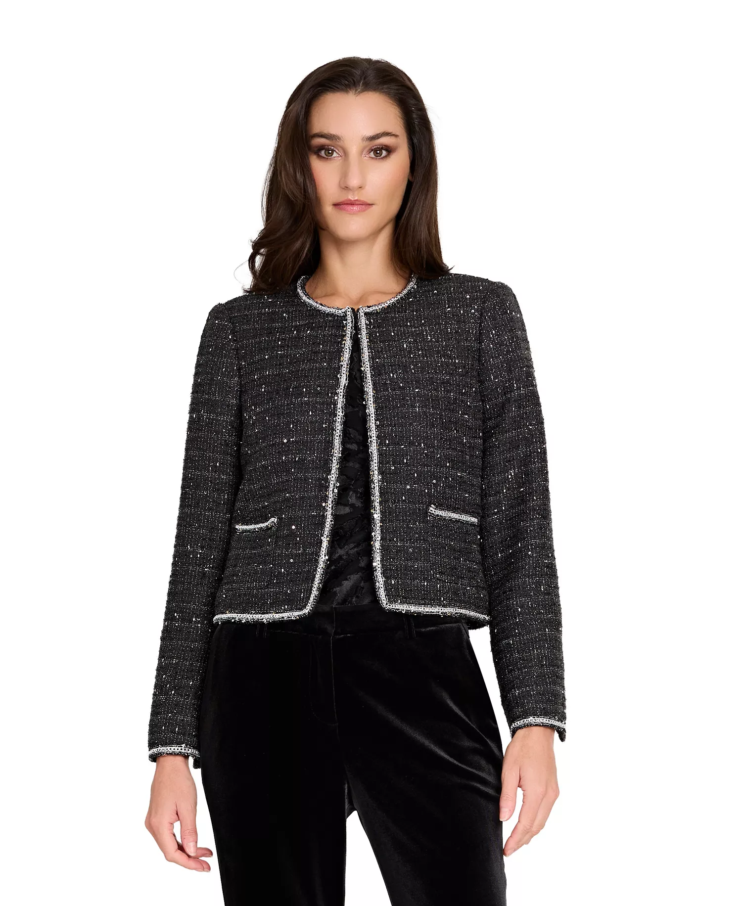 Women's Crewneck Hook & Eye Rhinestone Embellished Jacket - Black Silver - 10