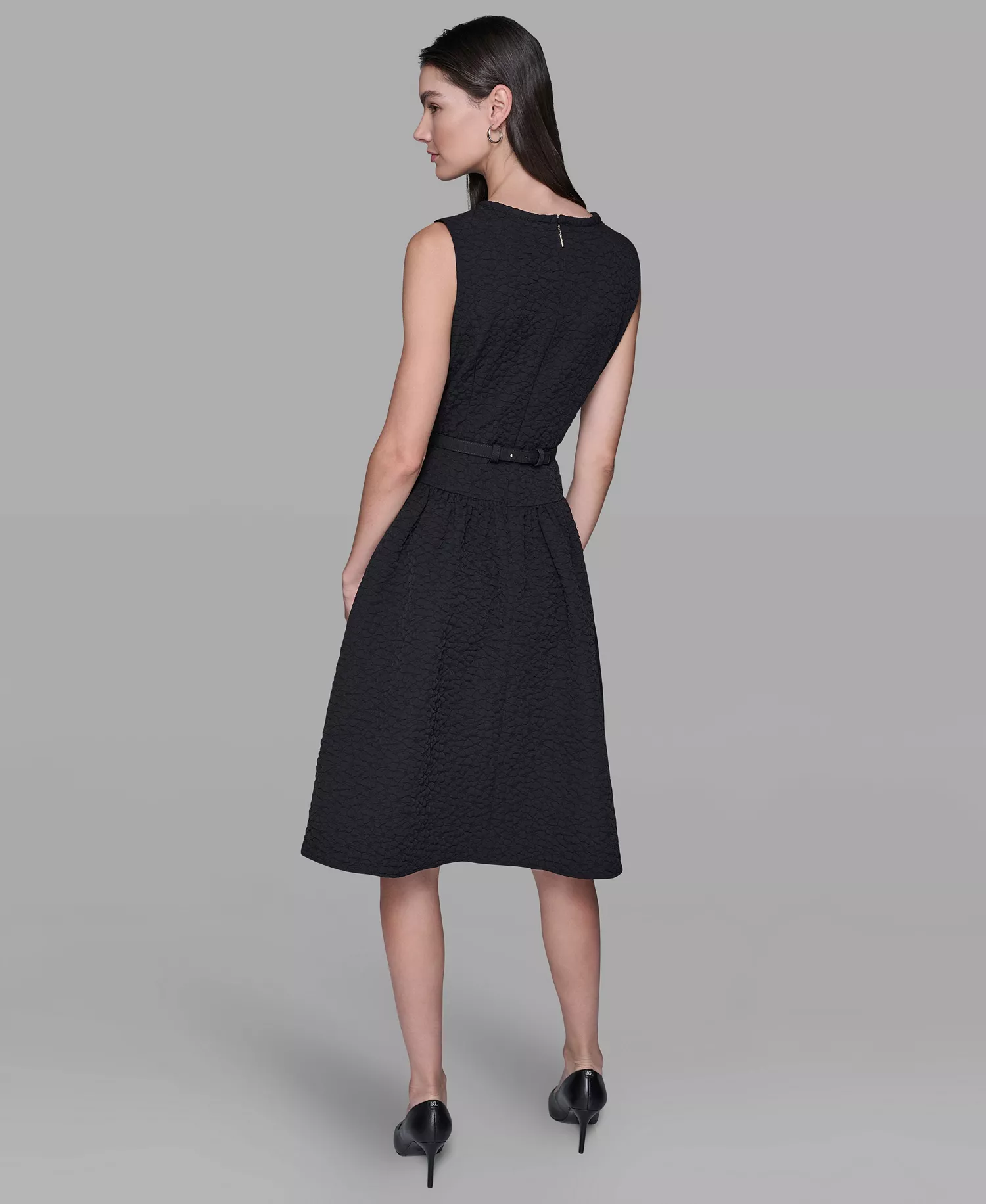 Women's Floral Crew Neck Belted Midi Dress - Black - 10