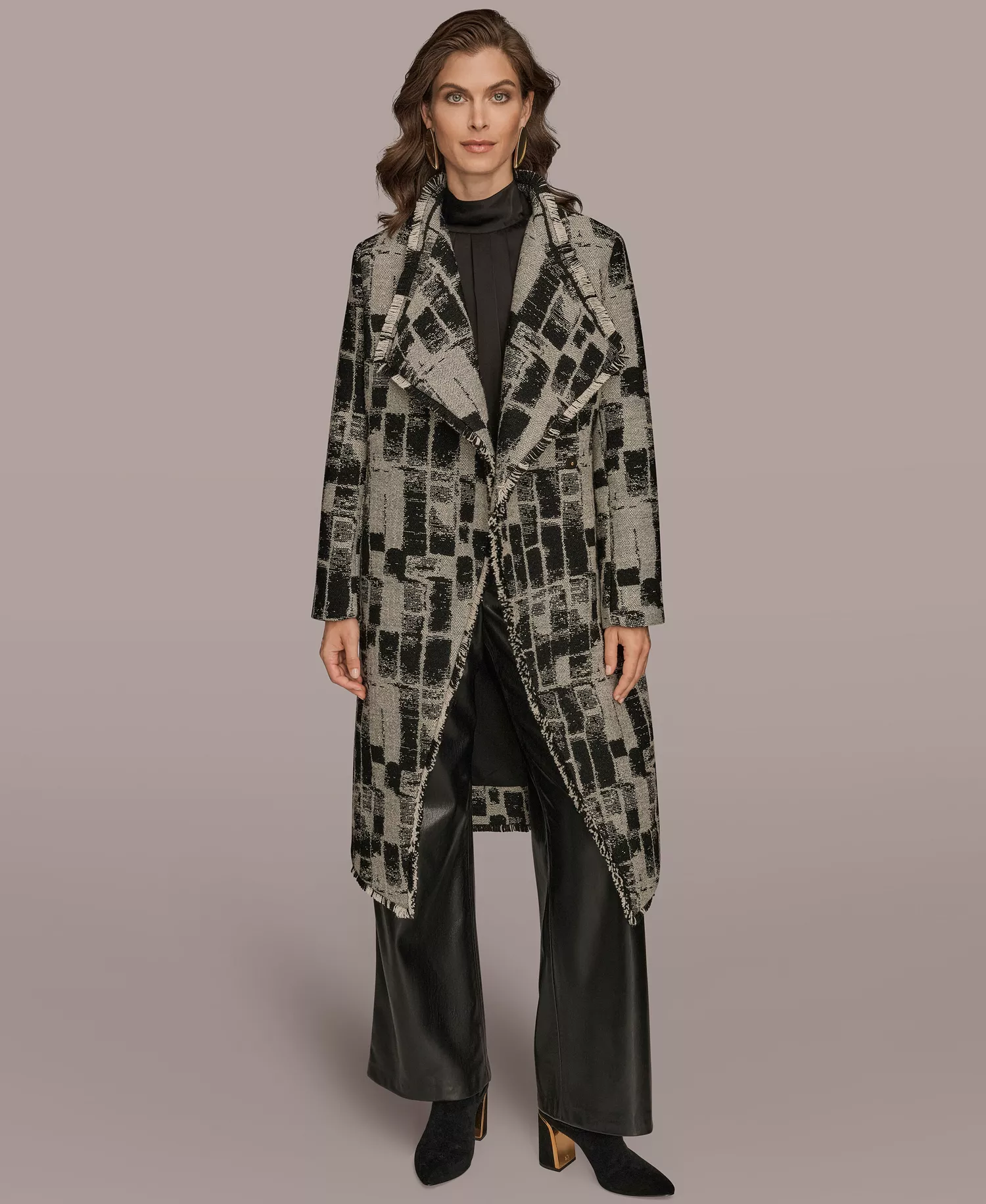 Women's Collared Self Belt Coat - Black/Cream - L