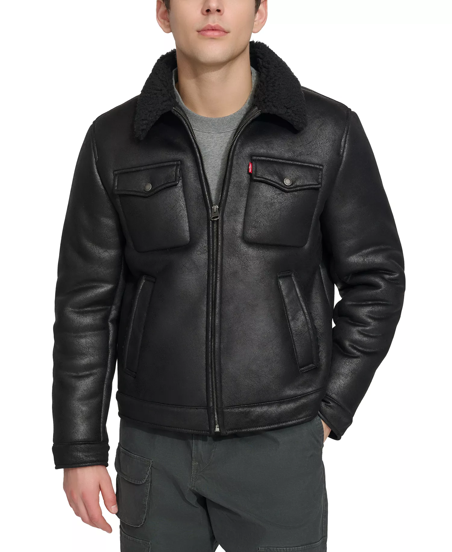 Men's Faux-Shearling Full-Zip Trucker Jacket - Black - L