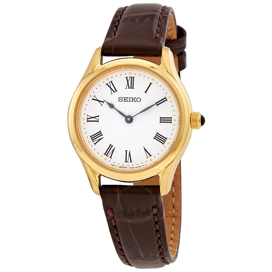 Seiko Quartz White Dial Brown Leather Ladies Watch