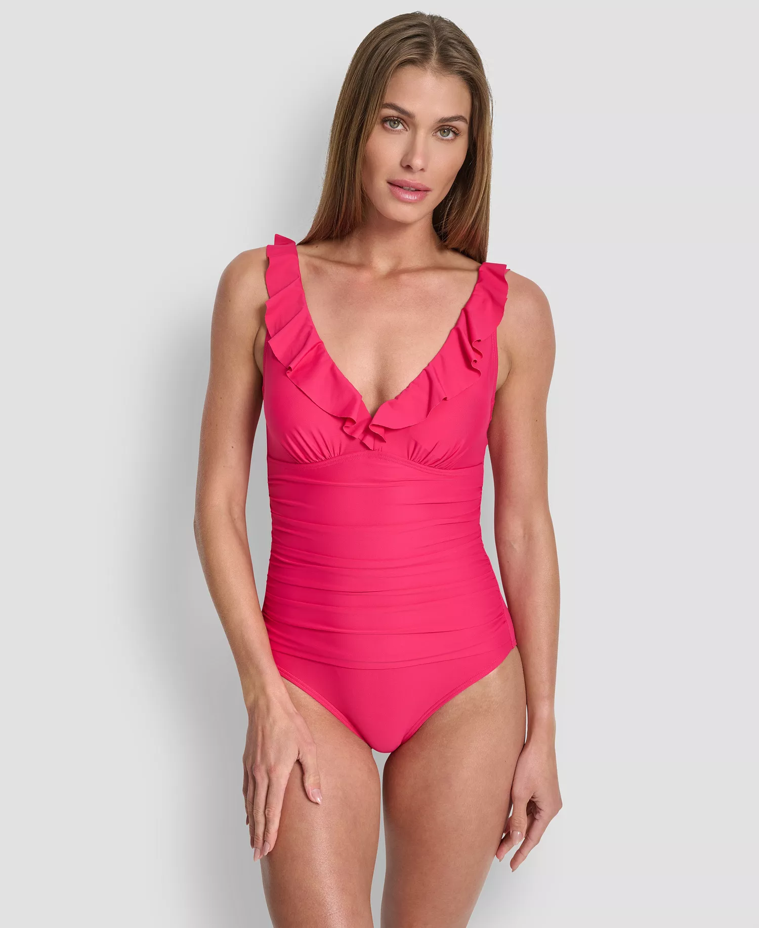Ruffle Plunge Underwire Tummy Control One-Piece Swimsuit, Created for Macy's - Amalfi Pink - L
