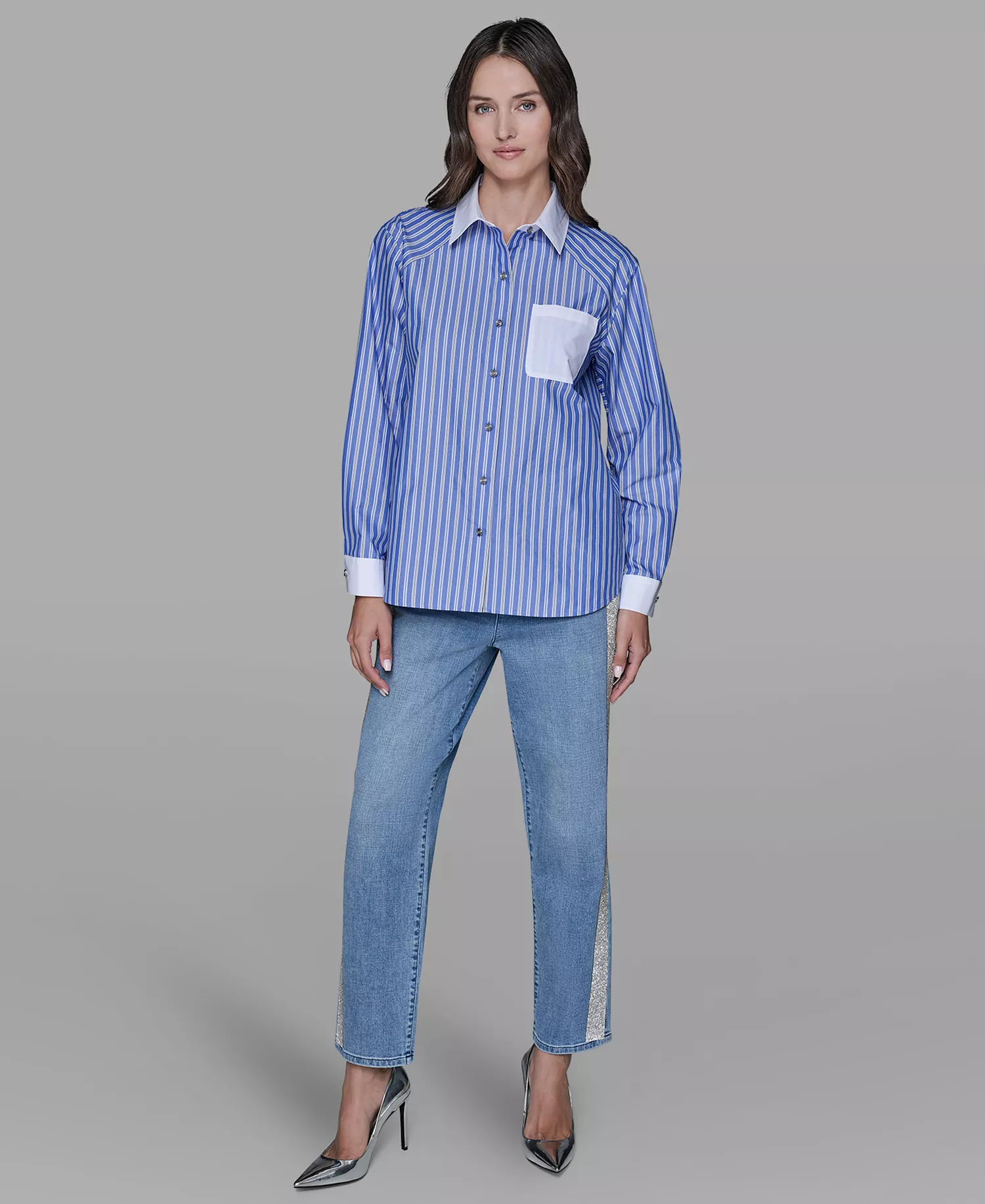 Petite Collared Stripe Long-Sleeve Shirt - French Blue Combo - P/L