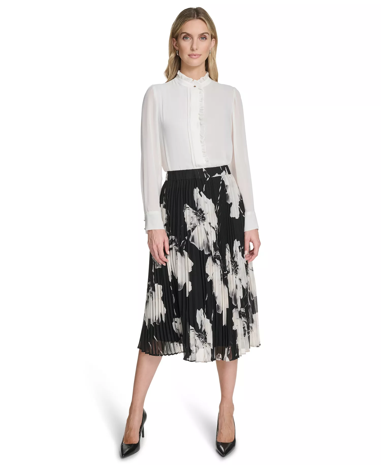 Women's Pleated Printed Midi Skirt - Black/white - 2