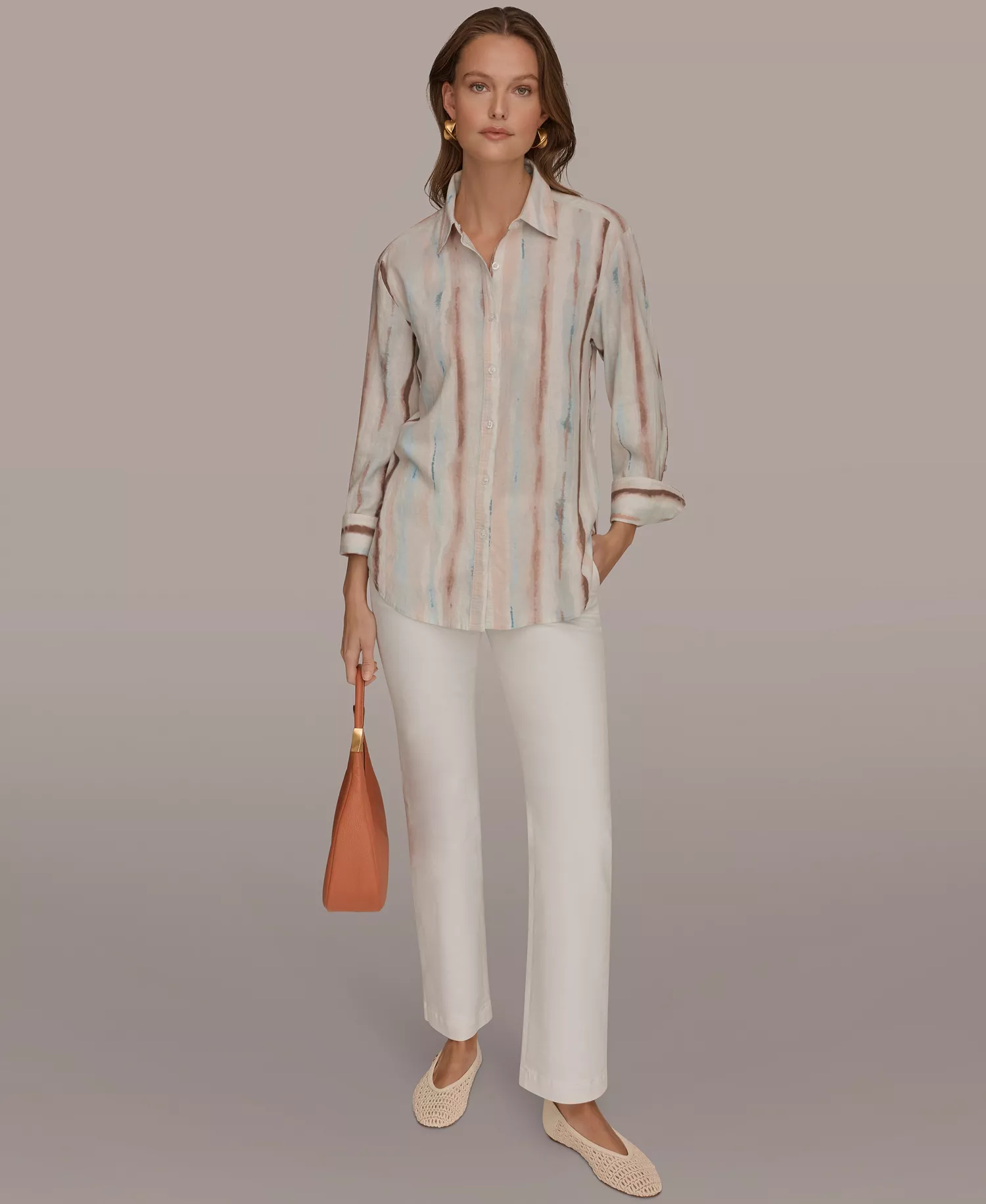 Women's Long-Sleeve Button-Down Shirt - Watercolor Stripe Print - L