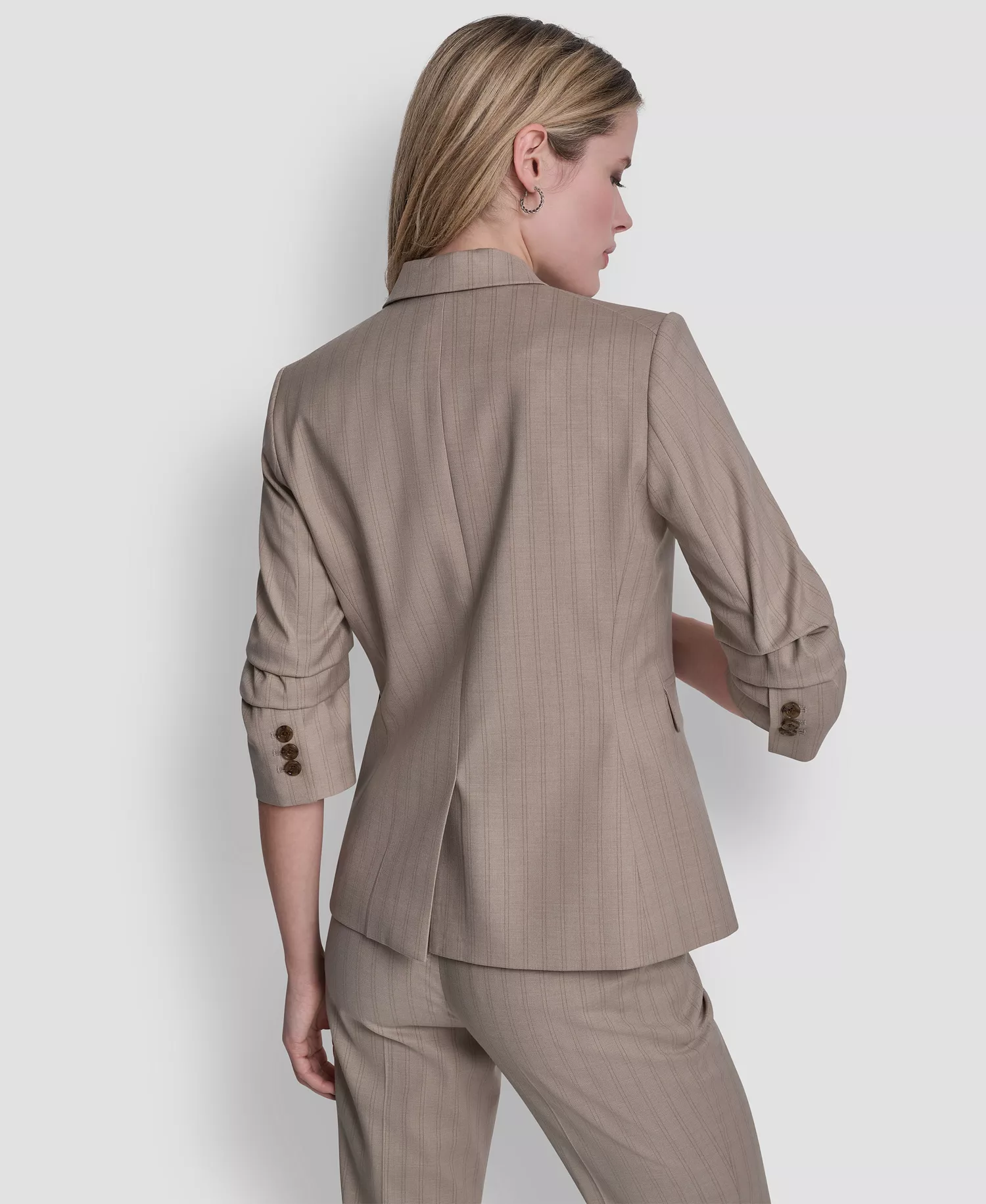 Petite Ruched Sleeve Notch Collar Blazer and Pinstripe Modern Fashion Pants - Beige - 0P