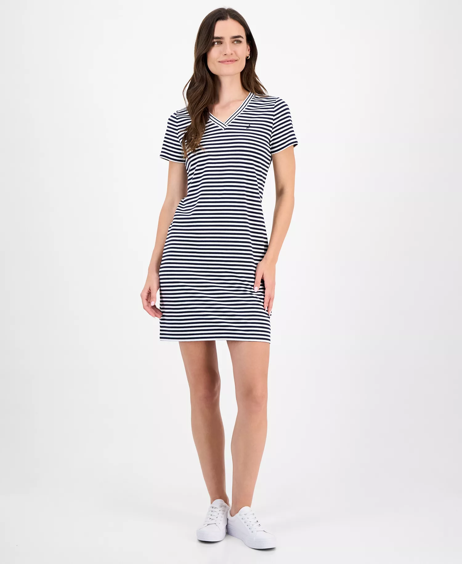 Nautica Women's Striped V-Neck T-Shirt Dress - Night Sky/ Bright White - L