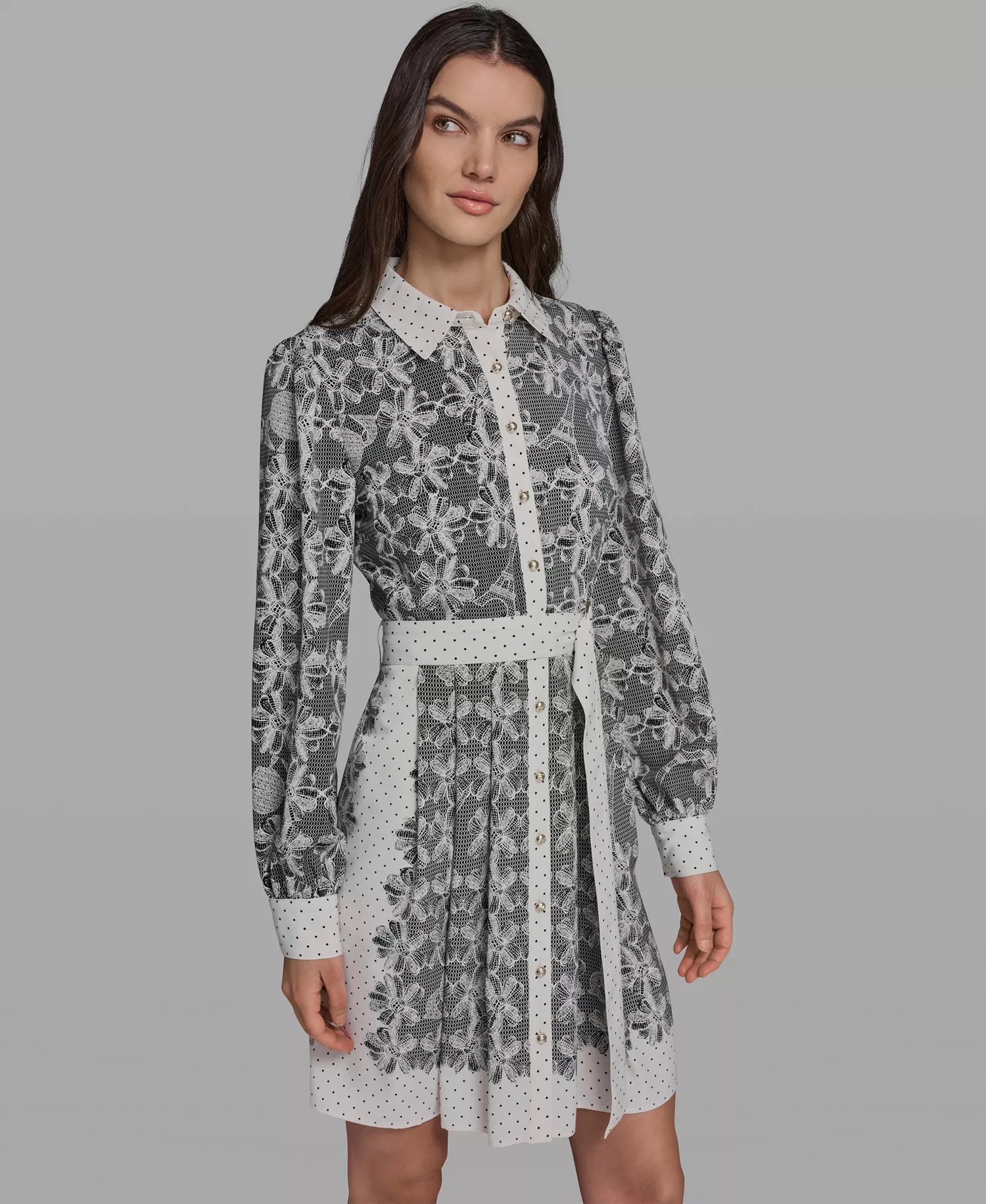 Women's Lace Print Collared Shirt Dress - Black/Bisque - 10