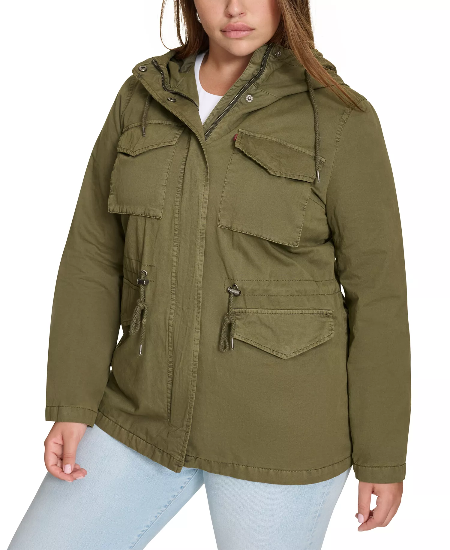Plus Size Cotton Hooded Military Zip-Front Jacket  - Olive - 1X
