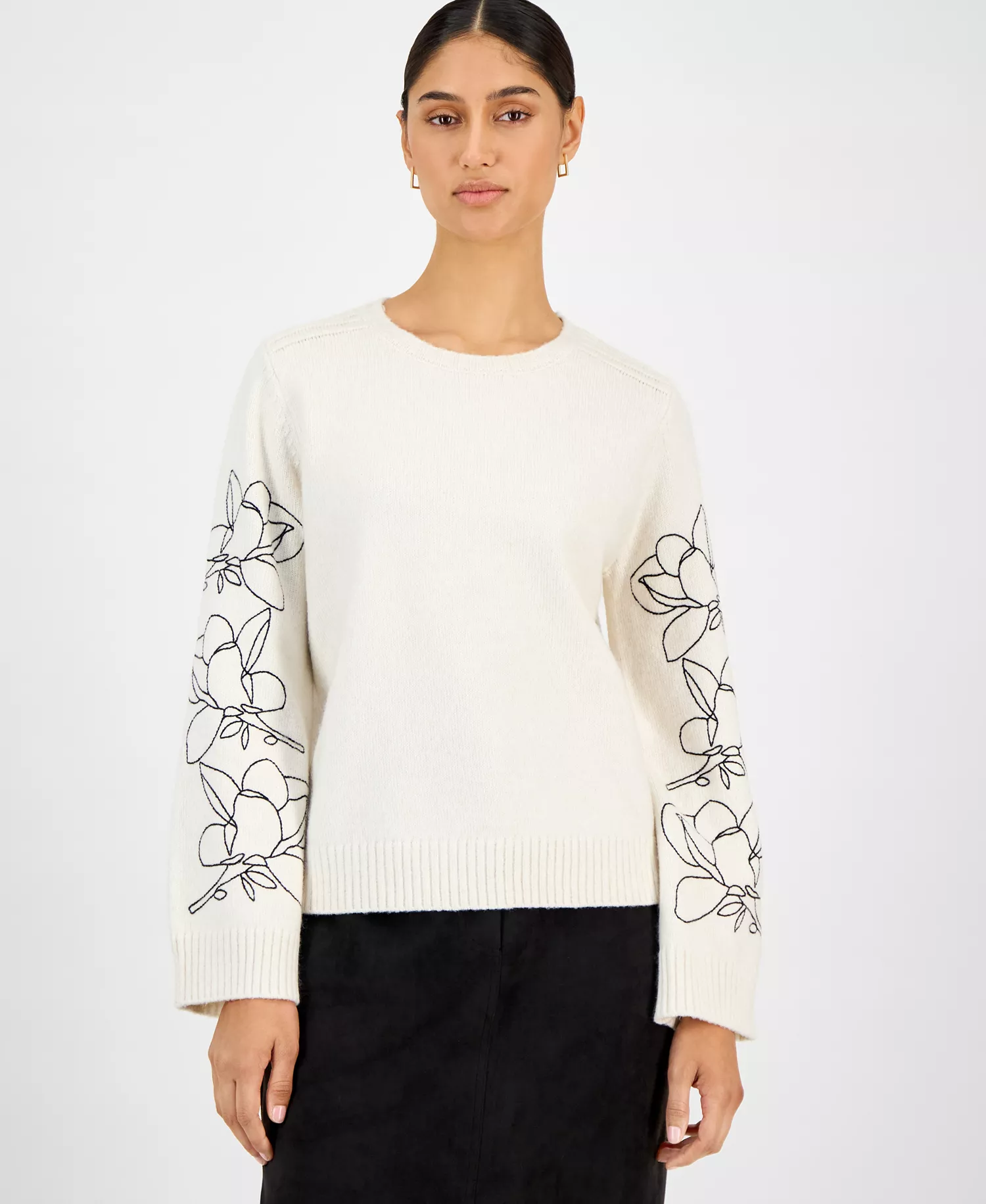 Women's Embroidered-Sleeve Crewneck Sweater - Cream/black - XL