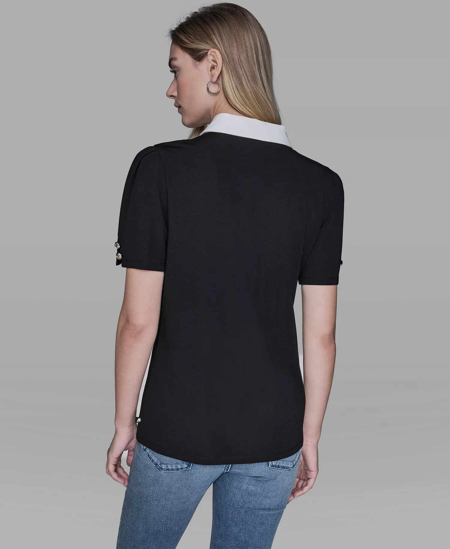 Women's Short-Sleeve Button-Front Top - Black - L